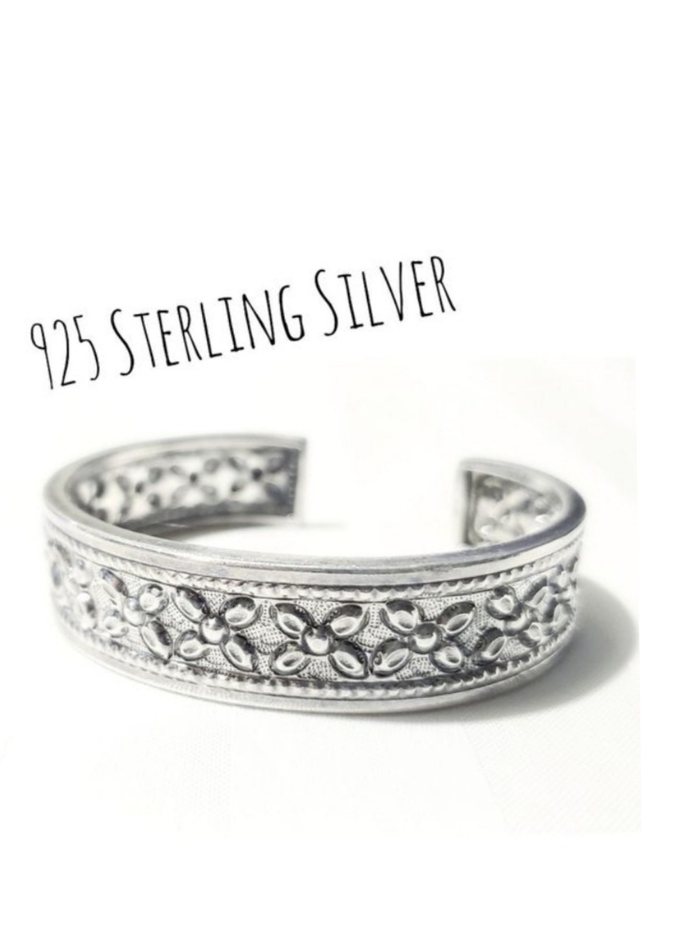 Vintage 925 Sterling Silver Flower embossed Art Deco Cuff Bangle 30 gram